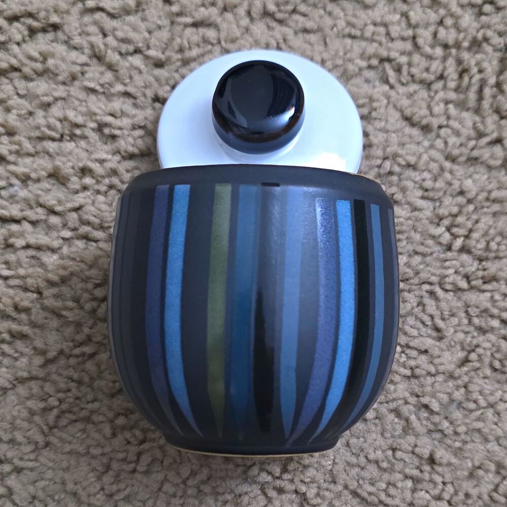 Denby Jet Stripes Covered Sugar Bowl Lidded Made in England Black Stoneware
